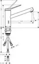 Hansgrohe Spültischmischer mit einem langen, schwenkbaren Auslauf. Die technischen Maße sind im Diagramm dargestellt, einschließlich montierter Teile und Anschlüsse.